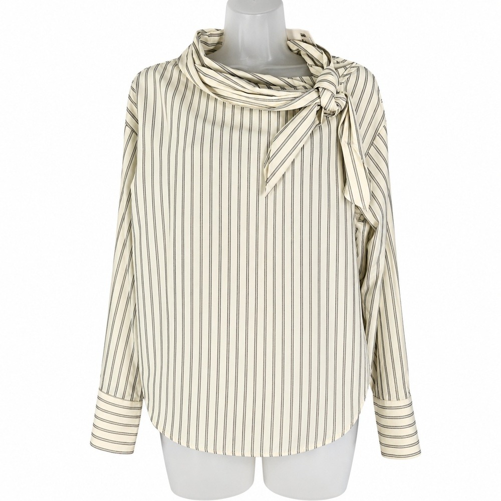 NWT The NKC Store Top Womens One Size Cream Navy Stripe Tie Neck Office Modern